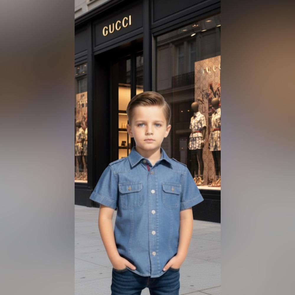 Authentic Gucci luxury designer vtg button down signature denim shirt sz 4 boys